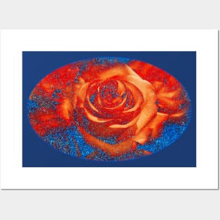 Red Roses and blue glitter floral pattern with romantic flowers Posters and Art